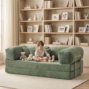 May include: A sage green corduroy sofa with a child playing with wooden blocks. Two teddy bears sit on the sofa. The sofa is on a light beige rug in front of a built-in bookshelf with books and framed photos.