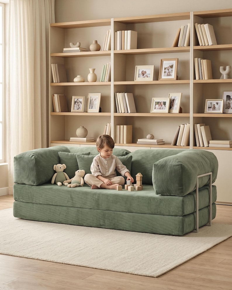 May include: A sage green corduroy sofa with a child playing with wooden blocks. Two teddy bears sit on the sofa. The sofa is on a light beige rug in front of a built-in bookshelf with books and framed photos.