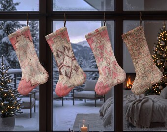 Star Pattern Xmas Stocking, Pink Geometric Christmas Sock, Vintage Rug Inspired Holiday Stocking, Folk Style Christmas Mantel Decor