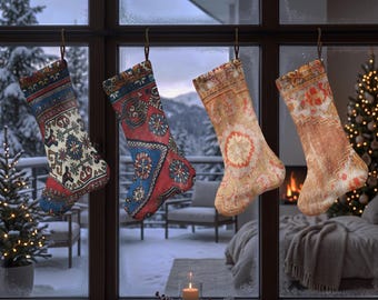 Medallion Pattern Christmas Stocking, Geometric Xmas Sock, Vintage Rug Inspired Holiday Stocking, Ornamental Mantel Decor