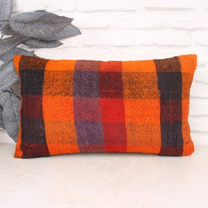 oreiller kilim vintage, oreiller kilim turc, oreiller 12 x 20 pour canapé, oreiller kilim, taie d&#39;oreiller orange, oreiller rectangulaire bohème,