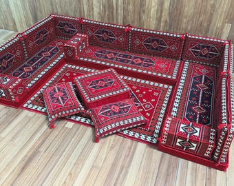 Deep Red Tribal Majlis Floor Couch, Moroccan Low Seating,  Diamond Pattern Cushions, Ottoman and Matching Rug, Living Room Sectional Sofa