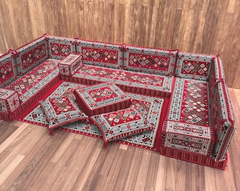 Classic Red Anatolian Majlis Seating, Bohemian Floor Seating, Ornamental Pattern Seating,  Warm Tone Boho Sofa, Reading Corner Floor Sofa