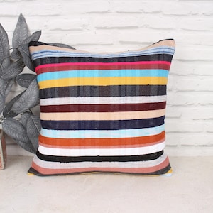 Ethnical Kilim Rug Pillow, Boho Pillow, 18x18 Kilim Pillow Cover, Home Decor Pillow, Blue Cushion, Bohemian Stripe Pillow,