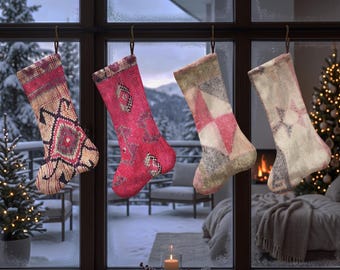 Pink Christmas Stocking, Cream and Blush Xmas Stocking, Geometric Vintage Rug Style Holiday Sock, Cozy Christmas Mantel Decor