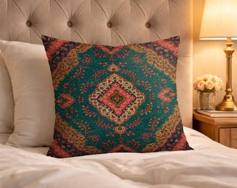 Teal Ruby Pillow Cover 18x18, Antique Textile Pillow, Worn Rug Pattern Cushion, Cozy Bedroom Accent Gift
