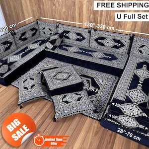May include: A U-shaped set of dark blue floor seating with white geometric patterns. The set includes cushions, a rug, and a sofa section. Dimensions are 190 cm, 330 cm, and 70 cm. The image also includes a "BIG SALE" sticker. The text "U Full Set" is visible.