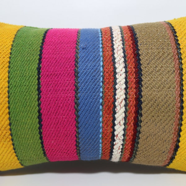 Boho Pillow 12x20 Natural Pillow Turkish Striped Pillow multicolour kilim pillow Vintage Turkish Kilim Pillow Antique Pillow SP3050-579