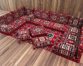 U Shaped Red Majlis Floor Seating, Moroccan Style Low Floor Sofa, Oriental Floor Sofa Set, Ottoman Pouf Set, Rug and Geometric Back Cushions
