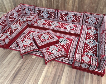 Ruby Red Floral Majlis Sofa Set, Ethnic Kilim Rug Pattern Sofa, Low Corner Couch and Ottoman Pouf, Handmade Kilim Floor Cushion