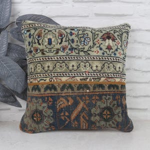 Vintage Kilim Rug Pillow, Blue Patchwork Throw Pillow Cover 16x16
