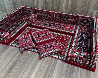 Deep Red Tribal Majlis Floor Couch, Moroccan Low Seating,  Diamond Pattern Cushions, Ottoman and Matching Rug, Living Room Sectional Sofa
