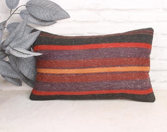 Home Decor Pillow, Handmade Kilim Cushion, 12x20 Interior Designer Pillow, Pillow for Couch, Purple Pillow Cover, Anatolian Lumbar  Pillow,