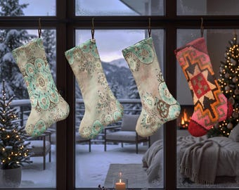 Vintage Rug Xmas Stocking, Ornamental Christmas Sock, Geometric Holiday Stocking, Eclectic Pattern Christmas Mantel Decor