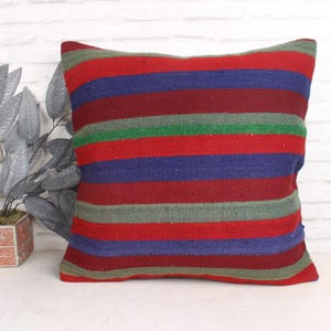 Boho Pillow, Kilim Cushion Sham, 24x24 Handmade Kilim Cushion, Pillow for Sofa, Blue Cushion, Classic Stripe Design Pillow,