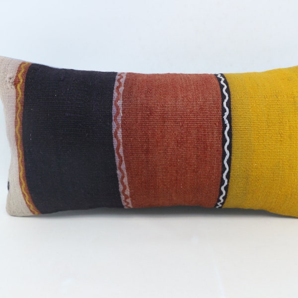 Home Decor Pillow, Turkish Kilim Pillow, Turkish Pillow, 12x24 Yellow Cushion, Striped Pillow Case, Hallowen Pillow, Bed Cushion, 5869