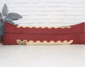 Boho Pillow, Vintage Kilim Pillow, 12x42 Kilim Cushion Sham, Home Decor Pillow, Red Pillow Cover, Vintage Turkish Lumbar Pillow,