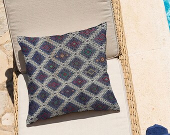 Blue Diamond Pillow Cover, 18x18 Vintage Boho Cushion, Ornamental Patio Chair Pillow, Rustic Textile Home Decor
