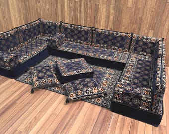 Navy Blue Majlis Floor Seating, Dark Moroccan Corner Sofa Set, Orange Medallion Pattern Cushion, Traditional Turkish Floor Sofa