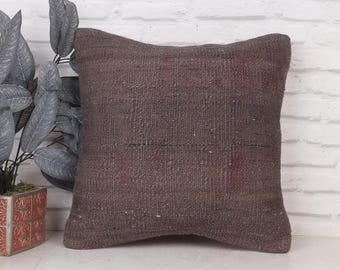 Vintage Turkish Kilim Pillow Cover, Brown Wool, Boho Decor (18x18 inches)