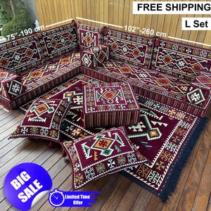 Divano marocchino, divano a U, seduta componibile, seduta a terra, divano da salotto arabo, set di divani con motivi geometrici, arredamento per la casa, divano da fattoria,