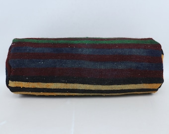 Kilim Neck Roll Pillow, Striped Wool Bolster Cushion, 8x20 inches