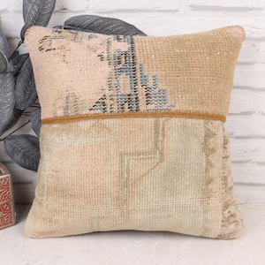 Kilim Cushion Sham, Pillow for Sofa, 16x16 Vintage Kilim Pillow, Pillow for Couch, Beige Pillow Cover, Patchwork Pillow, Textured Pillow,