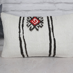 Gift Pillow, Vintage Kilim Throw Pillow, 12x20 Pillow for Sofa, Handmade Kilim Cushion, White Pillow, Lumbar Pillow, Hemp Pillow,