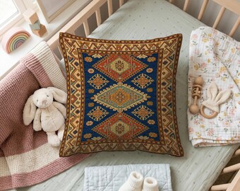Blue Anatolian Pillow Cover, 18x18 Oushak Rug Pillow, Bohemian Accent Throw Pillow, Ethnic Decorative Sofa Decor, Antique Textile Pillow