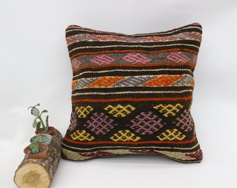 Kilim Pillow 16x16 Embroidered Pillow Throw Pillow, Pillow Cover, Sofa Pillow, Brown Pillow,Needlepoint Pillow, Throw Pillow SP4040 9412