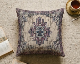 Ethnic Medallion Pillow Cover, Beige Turkish Kilim Cushion Cover, Vintage Anatolian Throw Pillow, Rustic Sofa Decor