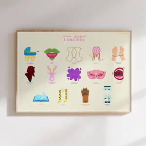 May include: A framed print featuring colorful illustrations representing William Shakespeare's comedies. The artwork includes images of a baby carriage, lips, a mask, and handcuffs, among others. The title "William Shakespeare Comedies" is at the top.