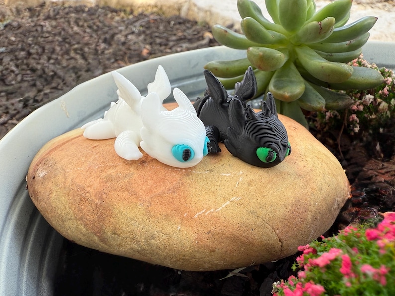 Puede incluir: Dos figuras de dragones, una blanca y otra negra, descansan sobre una gran piedra de color marr&oacute;n claro. El drag&oacute;n blanco tiene ojos azules y el drag&oacute;n negro tiene ojos verdes. Las figuras est&aacute;n sobre un fondo de vegetaci&oacute;n.