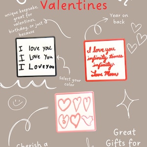 Puede incluir: Imanes personalizados del Día de San Valentín con varios diseños y mensajes. Un imán dice "I love you" tres veces, otro dice "I love you infinity times infinity. Love Mom". Un tercero presenta formas de corazón. Grandes regalos.