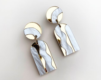 Seconds Statement Drop Earrings AURORA - Mirror Gold & White Pearl