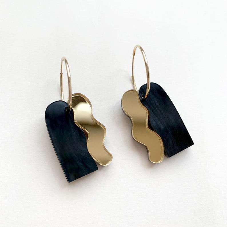 Slight Seconds Statement hoop earrings LEIA Mirror Gold & Black Pearl image 4