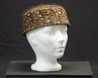 Brown Feather Pill Box Hat, Liz Claiborne Wool