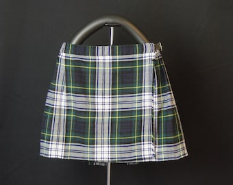 Girls Kilt Style Tartan Skirt Made in UK Blue Green Plaid Age 6 Acrylic Wool Blend Leather Buckle Celtic Wear