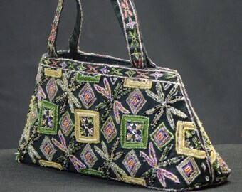 Vintage Fully Beaded Evening Bag in Dragonfly Colors of Purple and Green 1990/'s