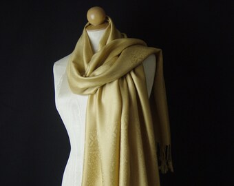 Gold Pashmina Style Schal Damast Paisley Muster Gebunden Fransen Formale Veranstaltung Boho Style