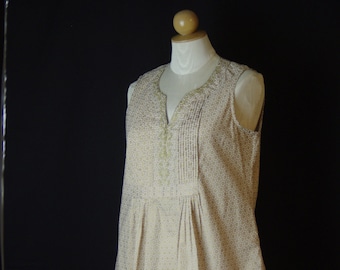 Metallic Gold Print Top April Cornell XS Embroidery Made in India Peasant Style Sleeveless Octagonal Design Unlined