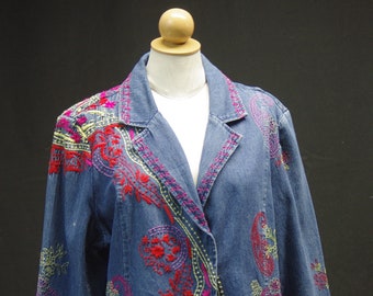 Embroidered Denim Jacket, Paisley Detail in Red, Yellow & Purple, Snap Closures