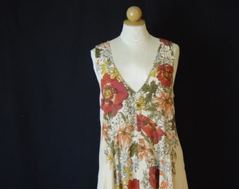 Mod Wild Flower Sundress High Low Hem Bias Cut Rust Green Unlined Made in Indonesia Size M