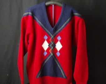 Lambswool Vintage Pullover V Neck Sweater Made in Scotland Red Blue Argyle Pattern 60's Era Large Jumper Celtic