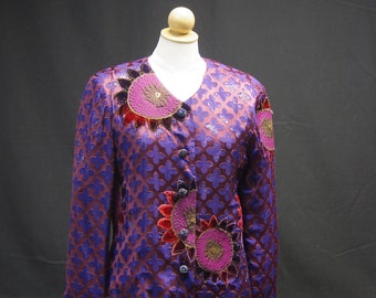 Dramatic Silk Embroidered Jacket, Sunflower Design Over Copper  Sheer