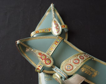 Aqua Leather Sandals Hand Made In India Wedding Wear Decorative Trim Gold Rust Size Medium
