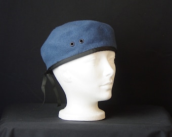 Blue Wool Basque Beret Military Style Size 7 1/8 Unisex Grommet Cloth Trim Elastic Adjustment Made in Canada