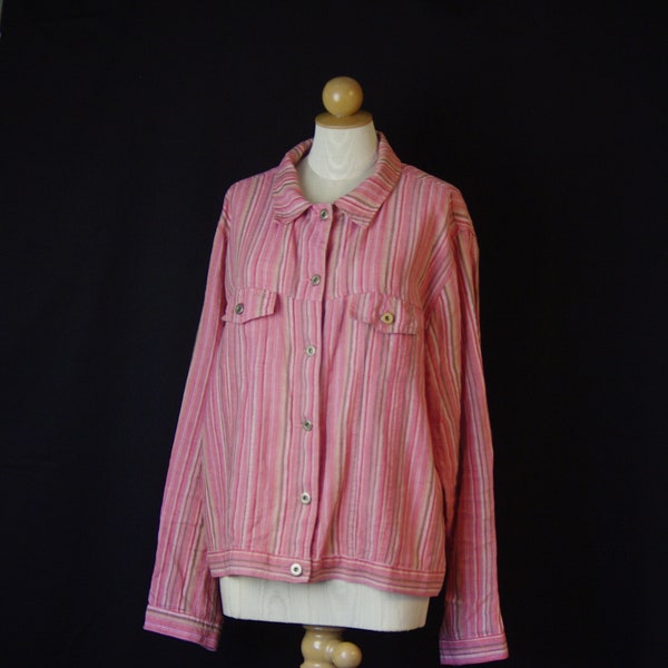 Striped Jean Jacket Style Top Size L Salmon Pink Coral Metal Buttons Long Sleeves Linen Look Front Pockets Western Style