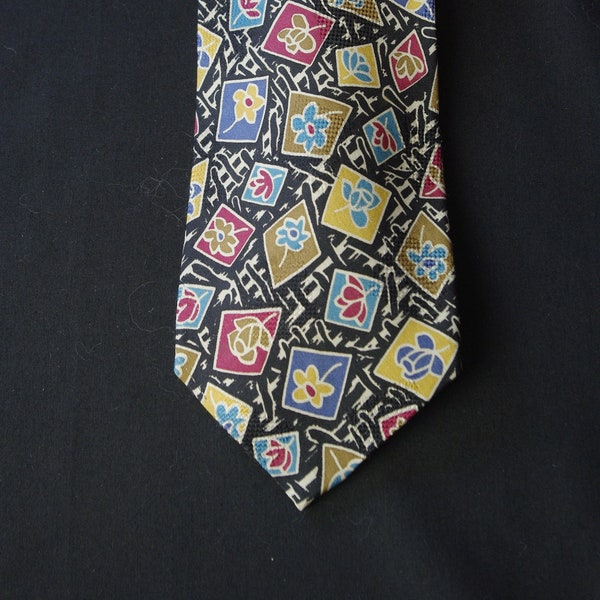 Black Silk Men's Tie with Multi Coloured Contemporary Floral Design blocks of Red Ochre Blue Harry Rosen Silk