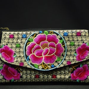 Portefeuille floral brodé asiatique fermeture à glissière 7 x 4